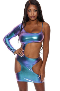 Bodyshotz Hologram Liquify Dress with Large Cut Outs in Hologram  from SexyShoes.com