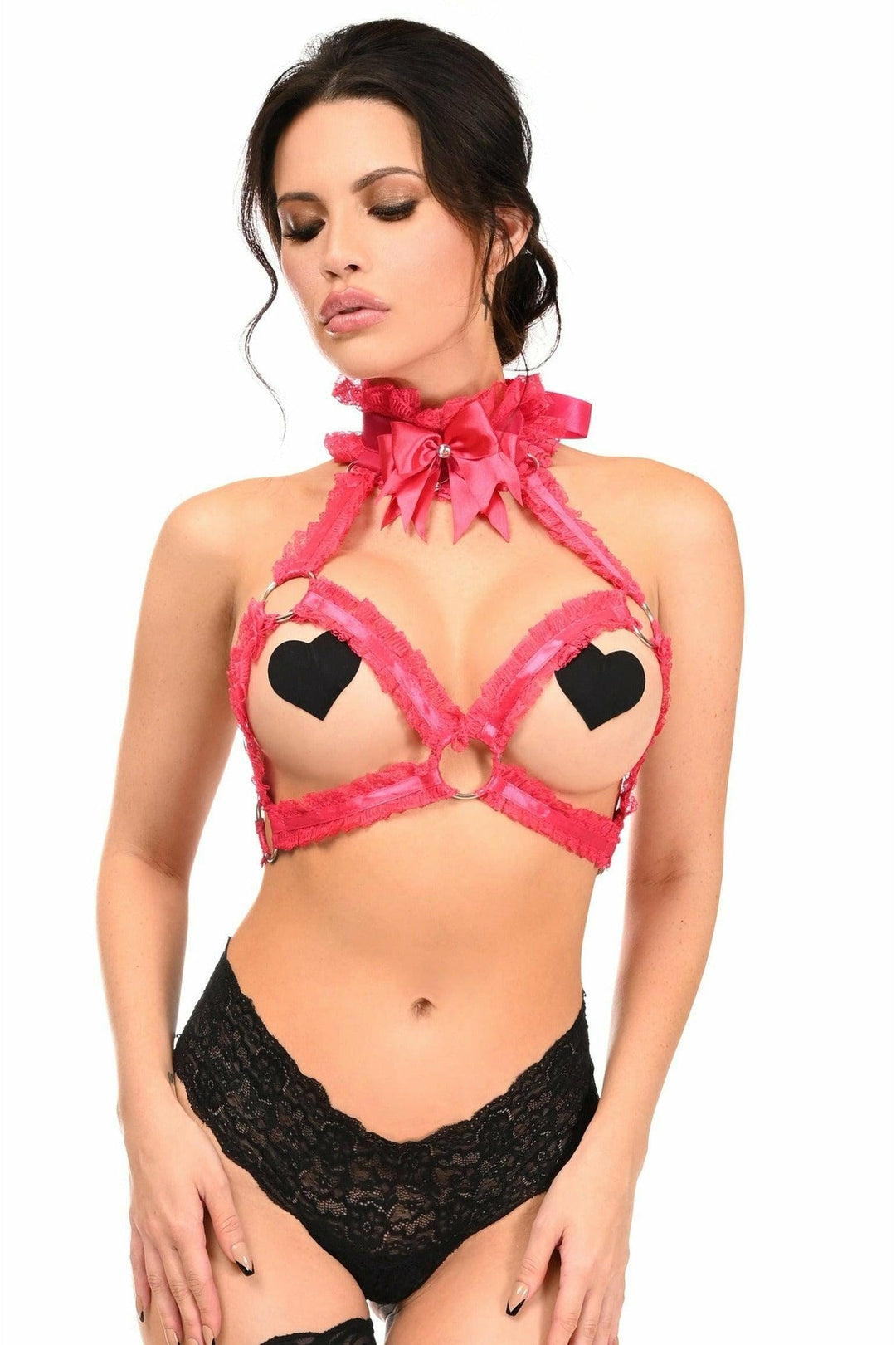 Kitten Collection Fuchsia/Fuchsia Lace Triangle Top Body Harness-Body Harness-Daisy Corsets-Fuchsia-REG-SEXYSHOES.COM