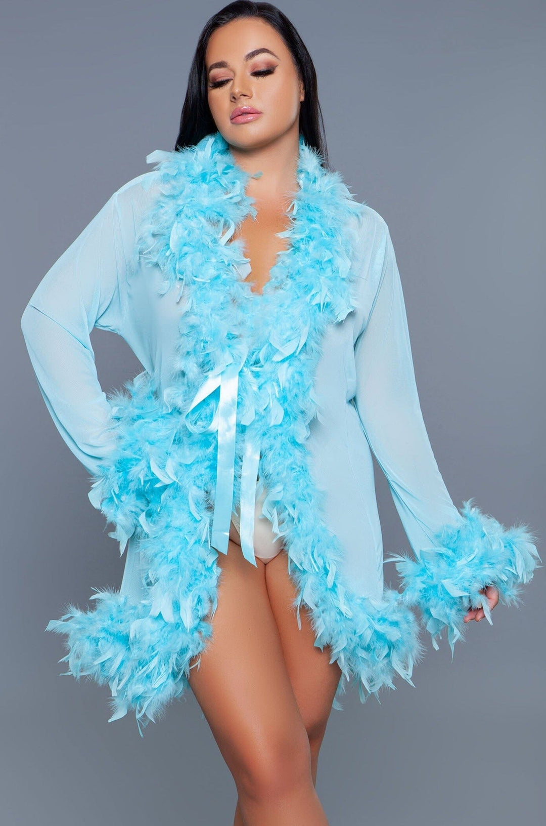 Knee Length Feather Robe With Ribbon Ties-Gowns + Robes-BeWicked-Blue-O/S-SEXYSHOES.COM