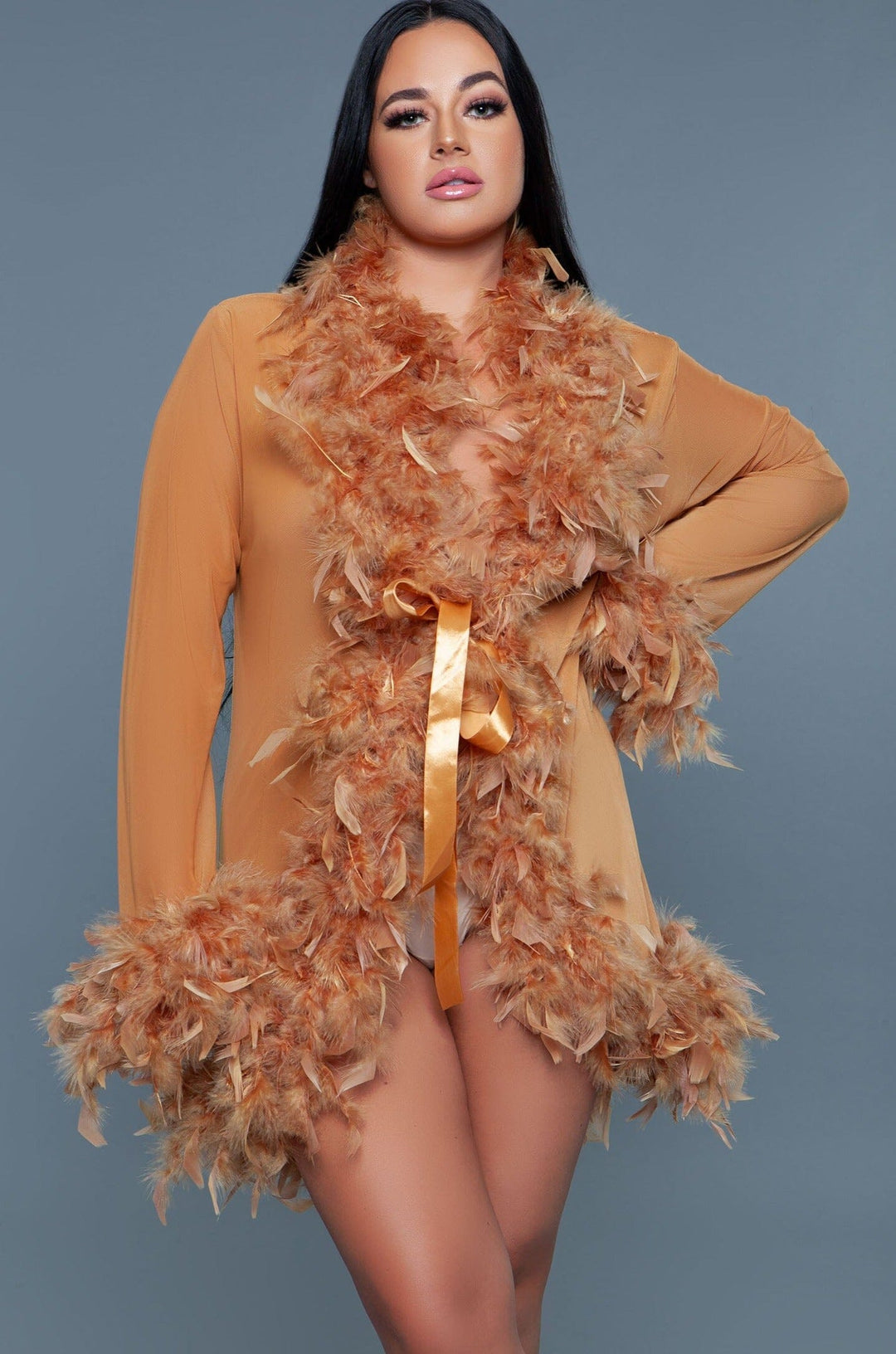 Knee Length Feather Robe With Ribbon Ties-Gowns + Robes-BeWicked-Brown-O/S-SEXYSHOES.COM