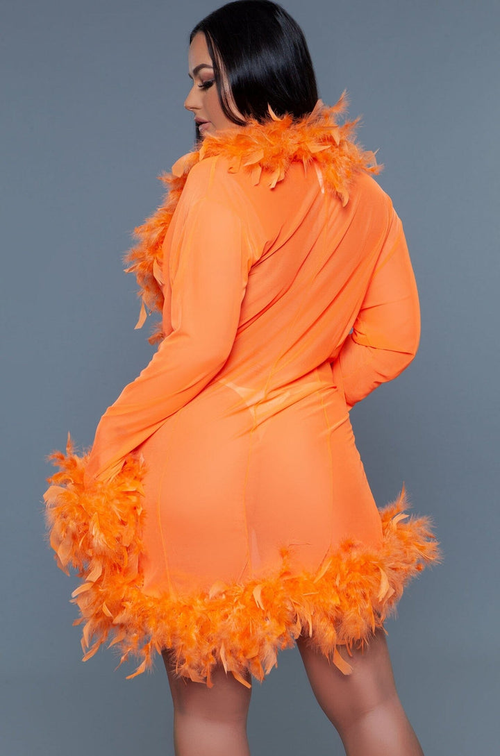 Knee Length Feather Robe With Ribbon Ties-Gowns + Robes-BeWicked-Orange-O/S-SEXYSHOES.COM
