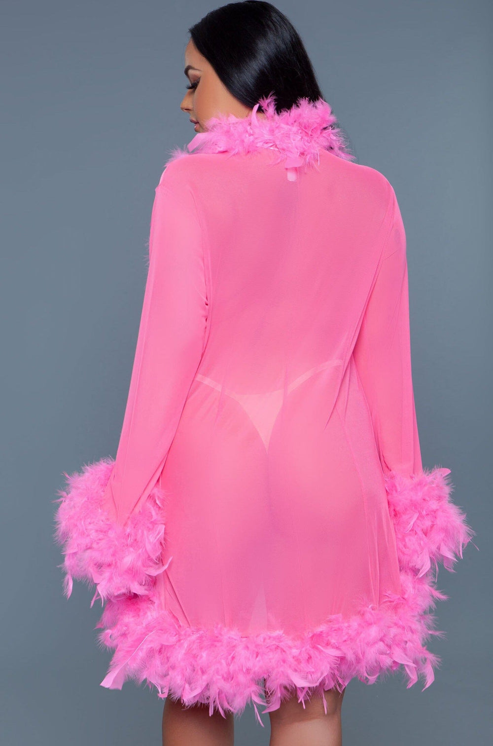 Knee Length Feather Robe With Ribbon Ties-Gowns + Robes-BeWicked-Pink-O/S-SEXYSHOES.COM