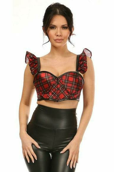 Lavish Red Plaid Underwire Bustier Top w/Removable Ruffle Sleeves-Bustier Tops-SEXYSHOES.COM