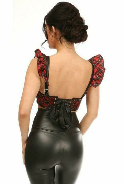 Lavish Red Plaid Underwire Bustier Top w/Removable Ruffle Sleeves-Bustier Tops-SEXYSHOES.COM