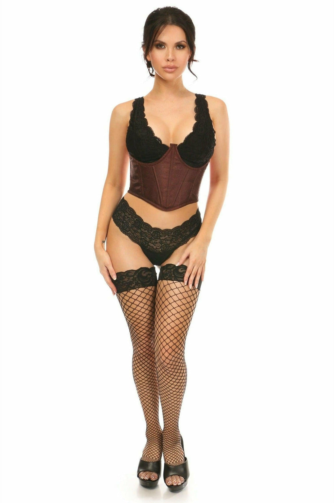 Lavish Dark Brown Brocade Open Cup Waist Cincher-Waist Cinchers-SEXYSHOES.COM