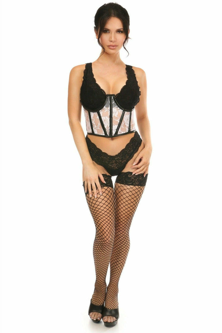Lavish Sheer White Lace & Faux Leather Open Cup Waist Cincher-Waist Cinchers-SEXYSHOES.COM