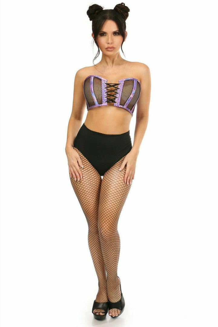 Lavish Purple Holo & Fishnet Lace-Up Short Bustier Top-Bustier Tops-SEXYSHOES.COM