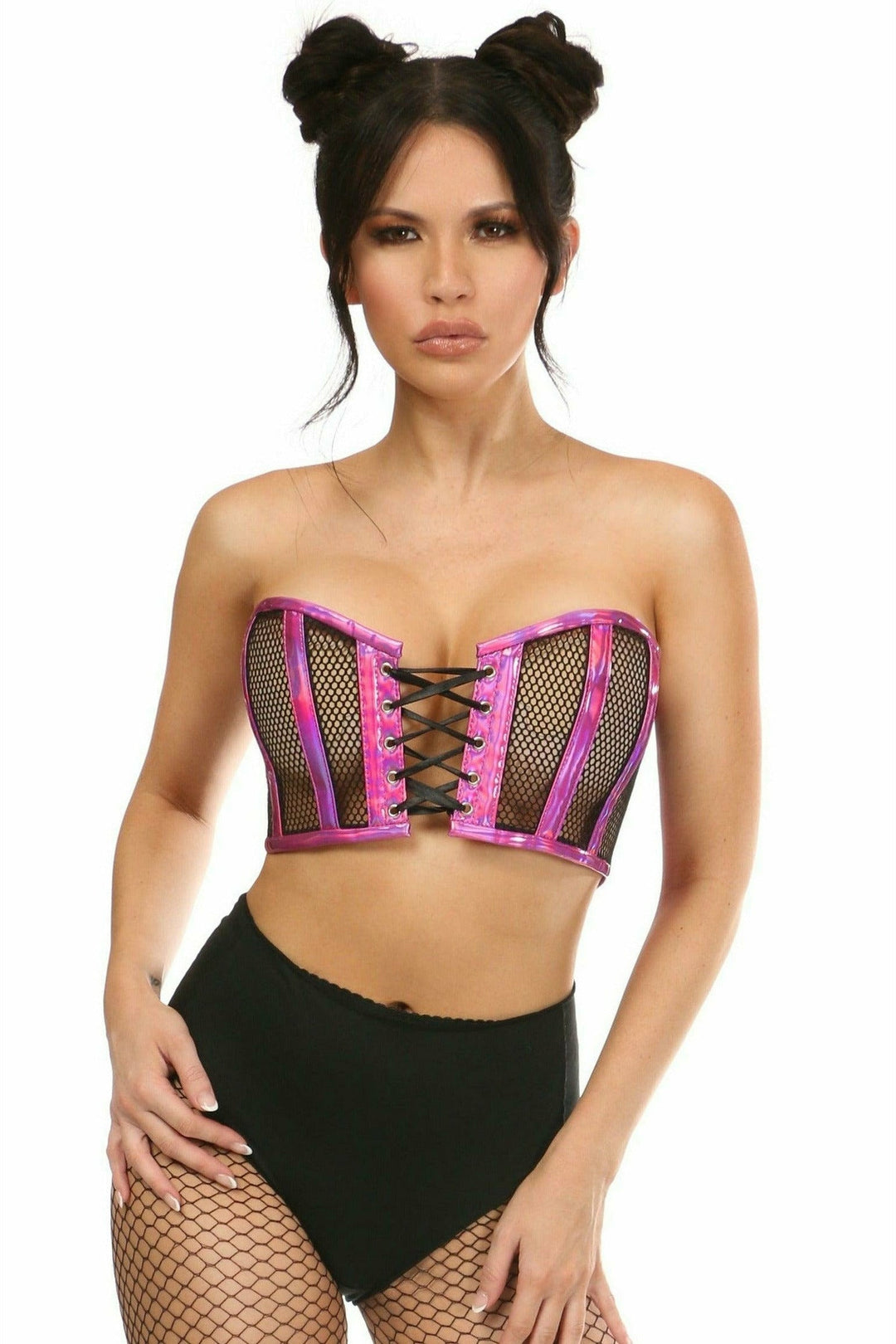 Lavish Fuchsia Holo & Fishnet Lace-Up Short Bustier Top-Bustier Tops-SEXYSHOES.COM