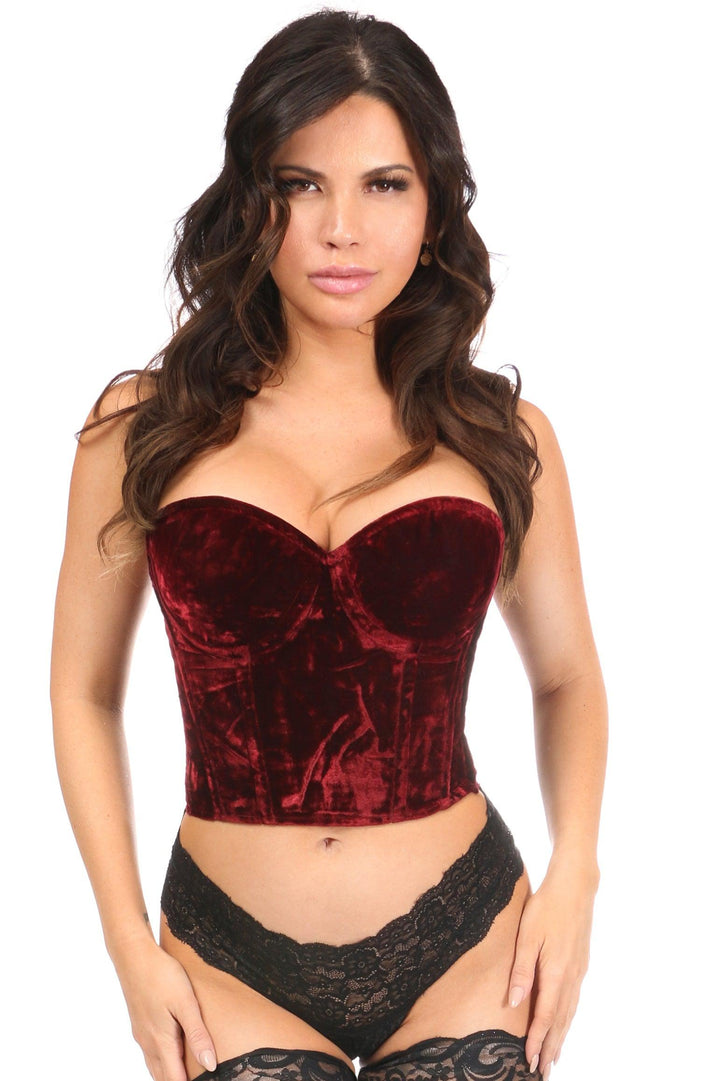 Lavish Dark Red Crushed Velvet Underwire Bustier-Bustier Tops-SEXYSHOES.COM