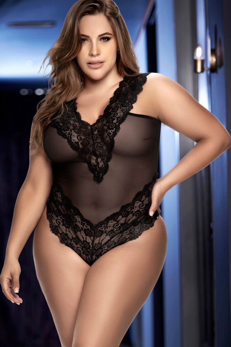 Lace and Sheer Deep Plunge Teddy | Plus Size-Teddies-Mapale-Black-1/2XL-SEXYSHOES.COM