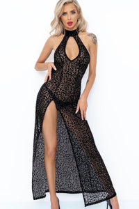 Noir Handmade Long leopard flock dress with front slit in Animal