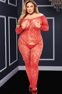 Baci Lingerie Longsleeve Crotchless Bodystocking in Red  from SexyShoes.com