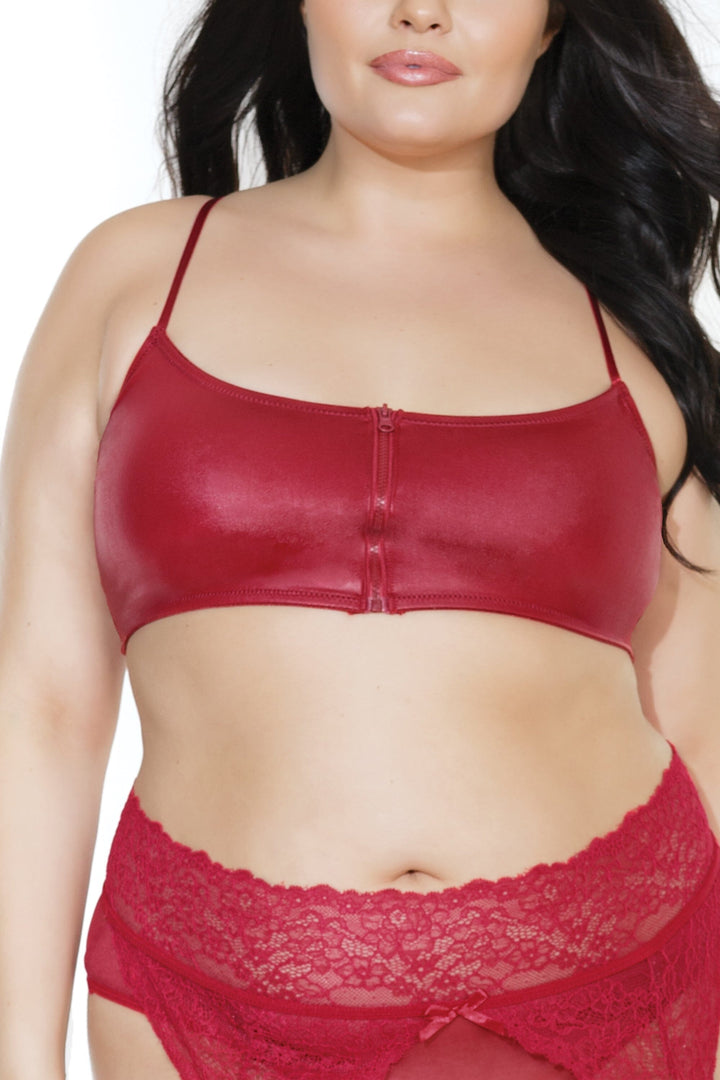 Matte Wetlook Bralette With Front Zipper Closure & Adjustable Straps | Plus Size-Bras-Coquette-Red-Q-SEXYSHOES.COM