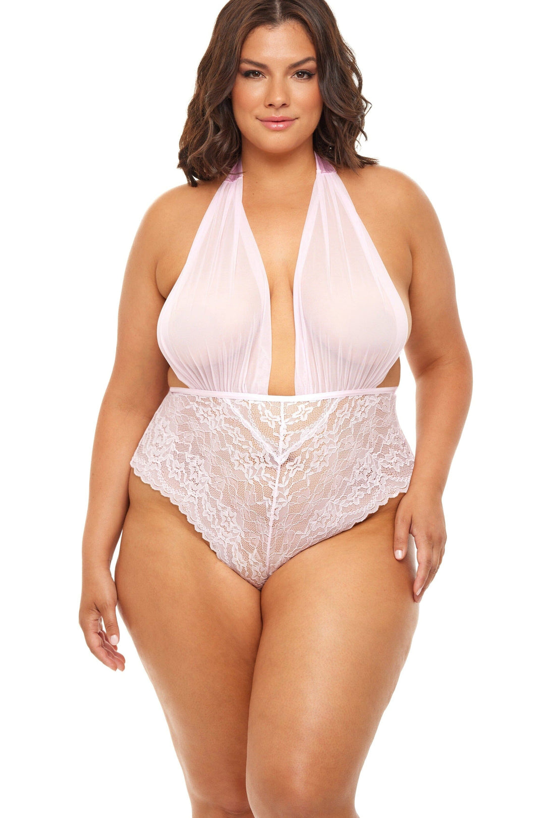 Oh La La Cheri Plus Size Mesh V Plunge Halter Teddy in Pink  from SexyShoes.com