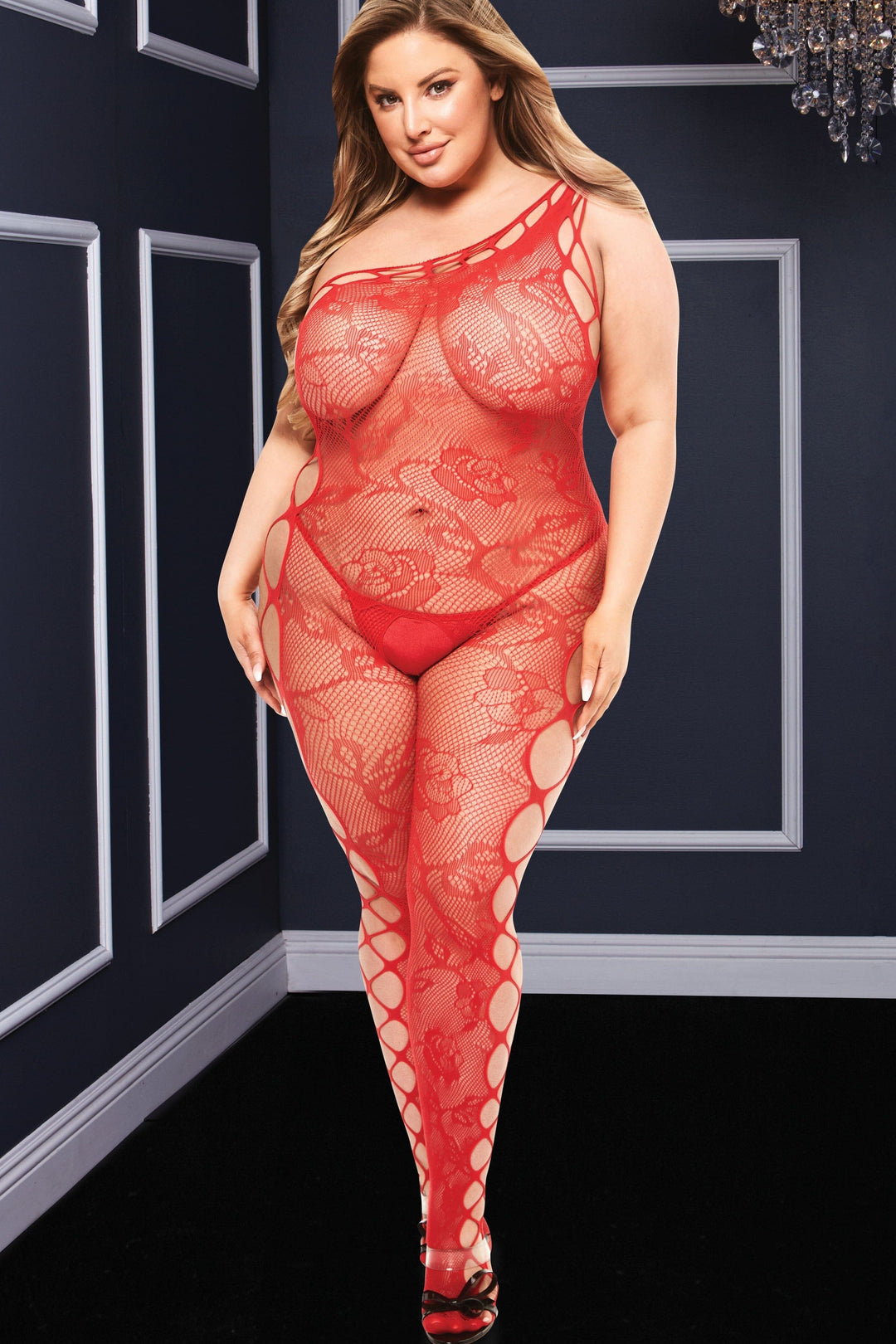 Off The Shoulder Bodystocking | Plus Size-Bodystockings-Baci Lingerie-Red-Q-SEXYSHOES.COM