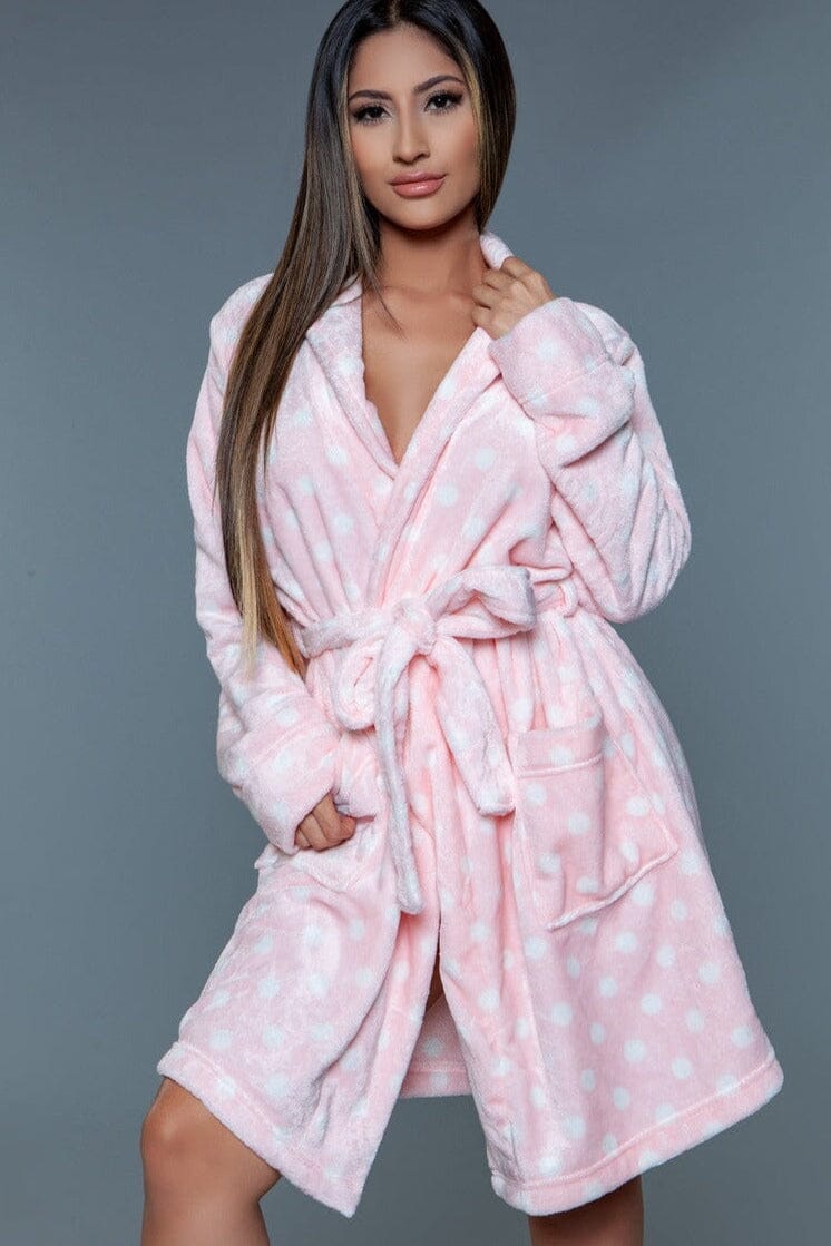 BeWicked Pink Polka Dots Mid Length Plush Robe in Pink  from SexyShoes.com