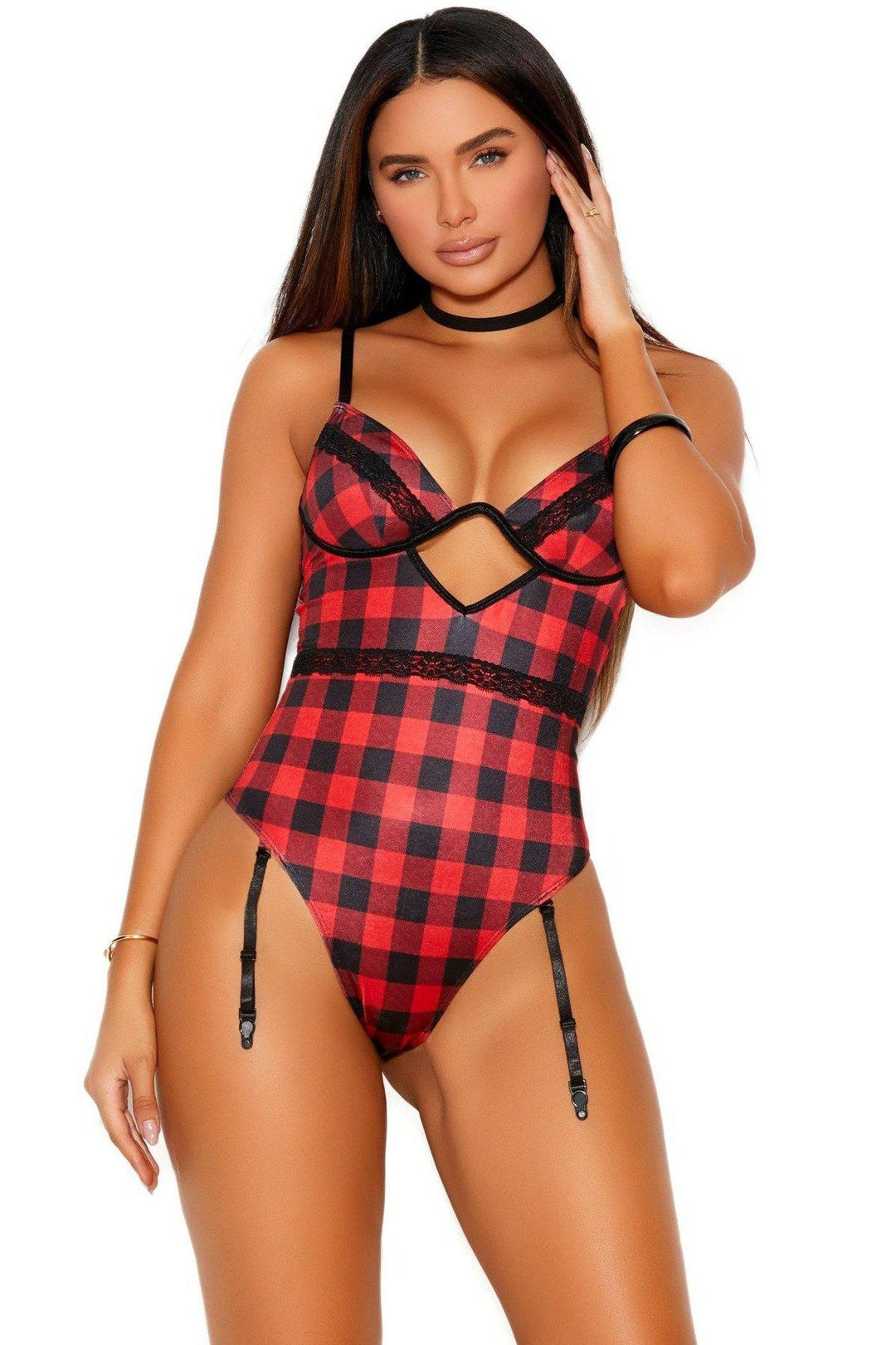 Elegant Moments Plaid Lace Trim Teddy in Red  from SexyShoes.com