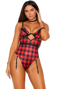 Elegant Moments Plaid Lace Trim Teddy in Red  from SexyShoes.com
