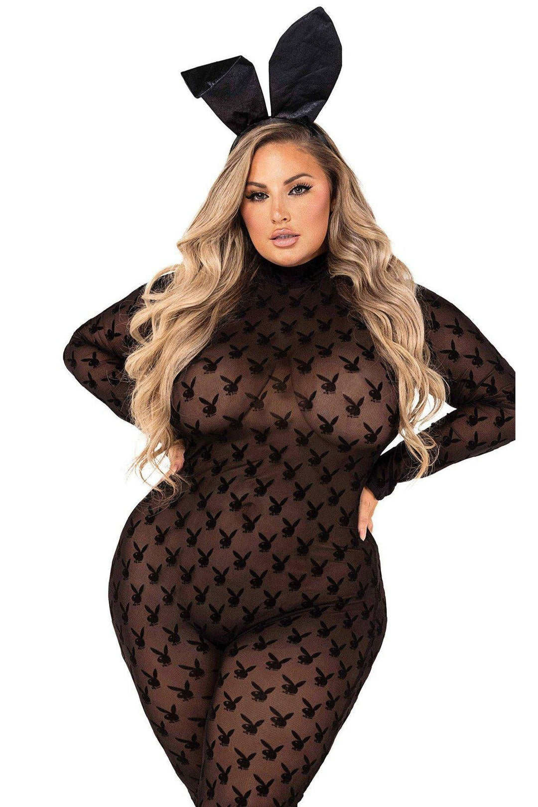 Playboy Bunny Plus Size Sheer Bodystocking-Fantasy Lingerie-Roma Costumes-SEXYSHOES.COM