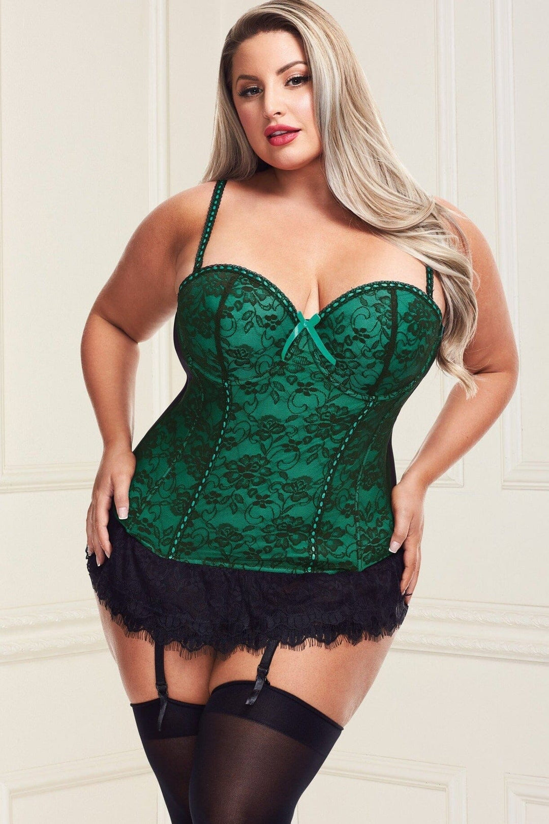 Plus Size Bustier with String & Garter Clips Set-Lingerie Sets-Baci Lingerie-Green-1X/2X-SEXYSHOES.COM