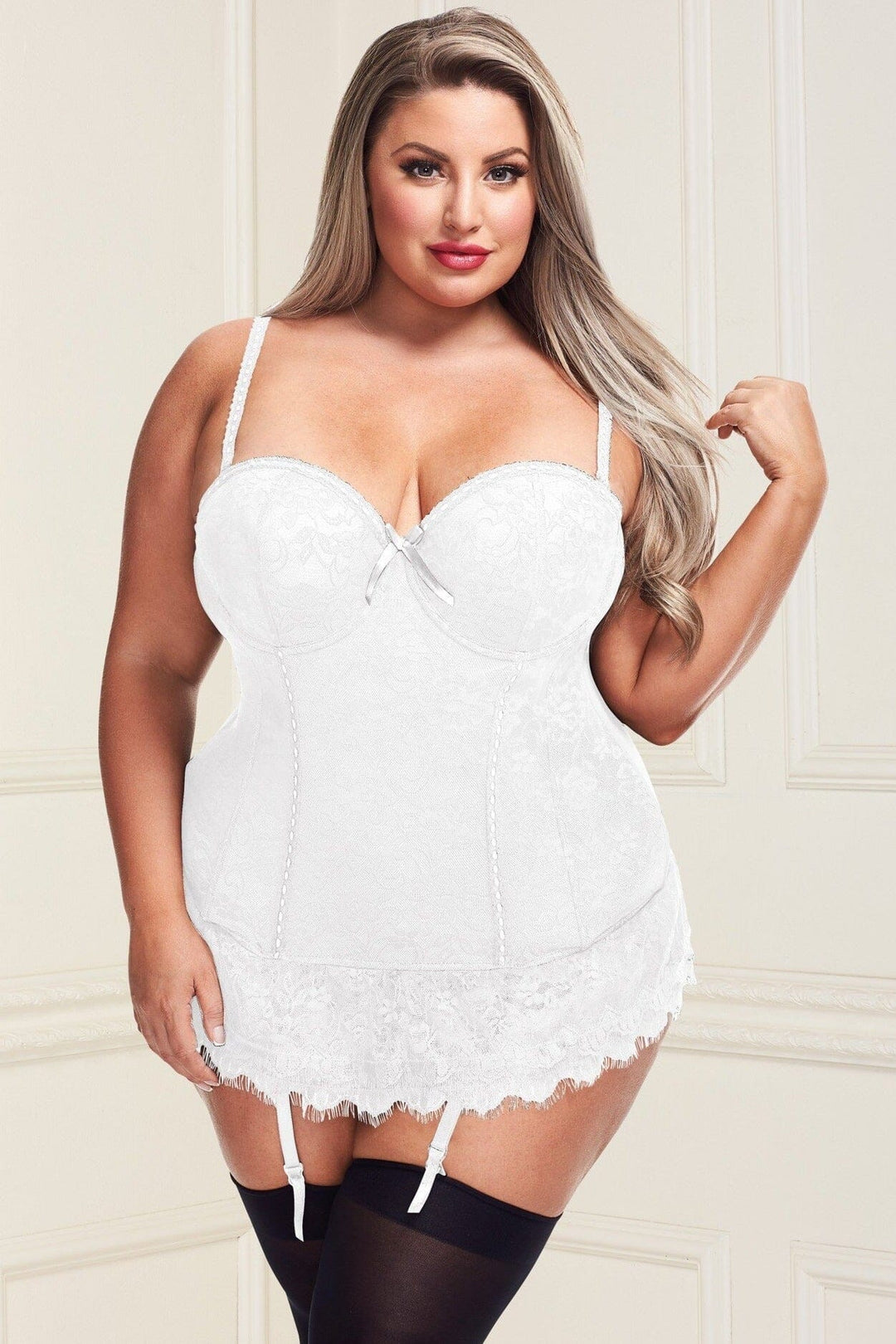 Plus Size Bustier with String & Garter Clips Set-Lingerie Sets-Baci Lingerie-White-1X/2X-SEXYSHOES.COM