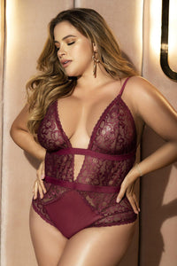 Mapale Plus Size Deep V Embroidered Lace Teddy in Burgundy  from SexyShoes.com