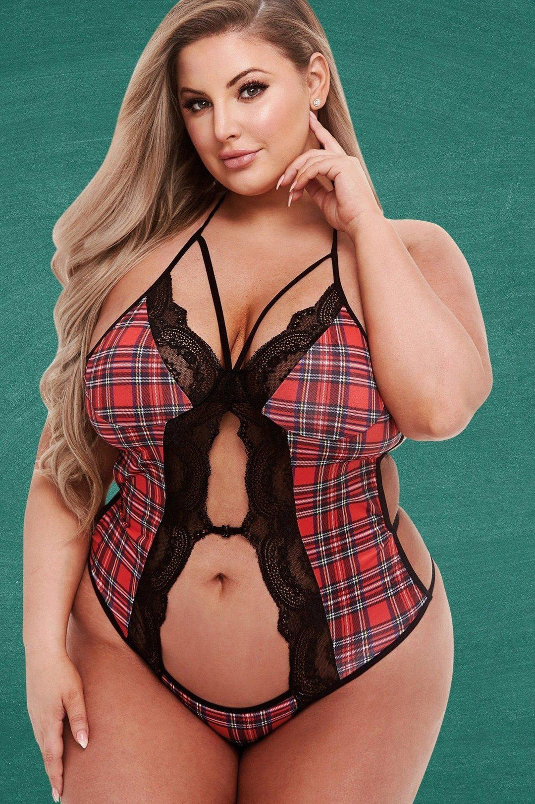 Plus Size Schoolgirl Peek a Boo Teddy-Fantasy Lingerie-TEACHERS PET-Red-Q-SEXYSHOES.COM