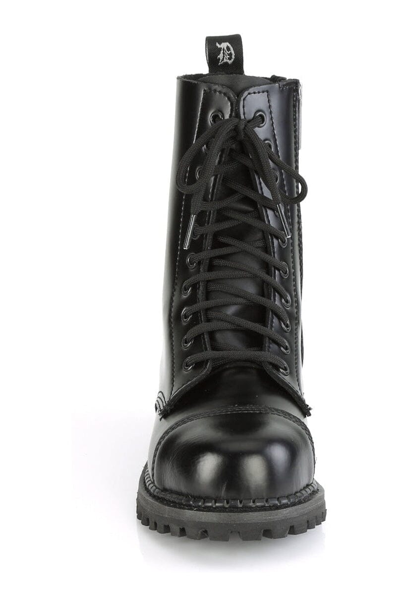Demonia RIOT-10 Black Leather Ankle Boot in Black Leather
