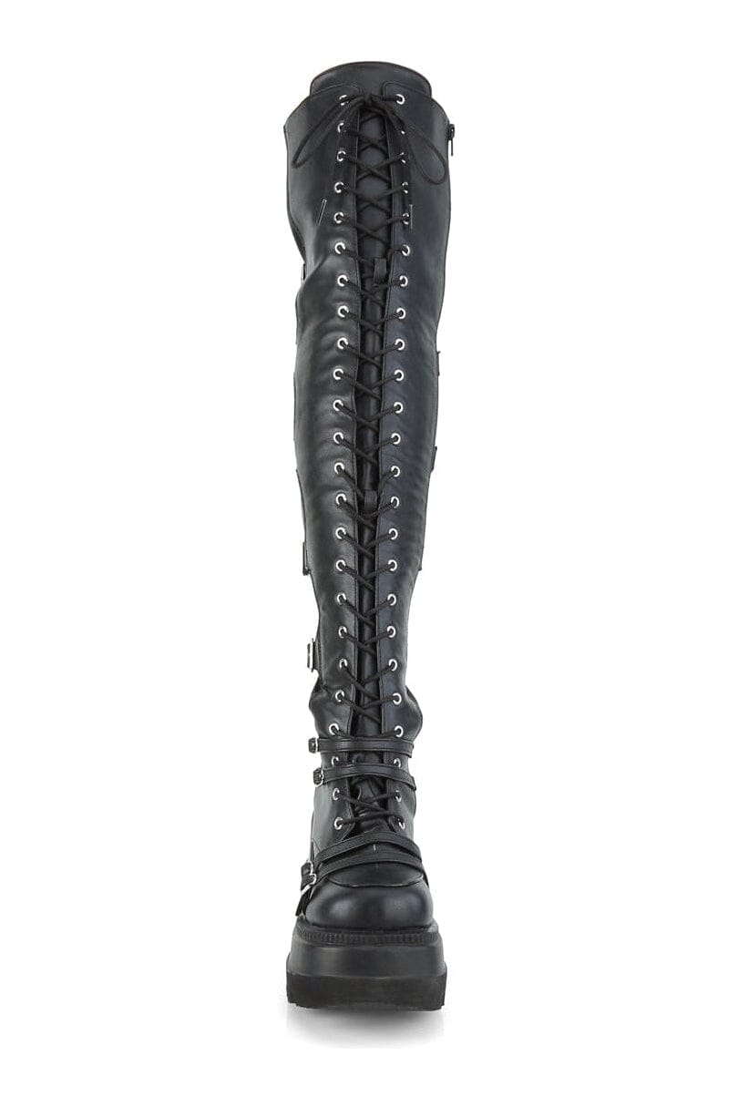 Demonia SHAKER-350 Black Vegan Leather Knee Boot in Black Vegan Leather