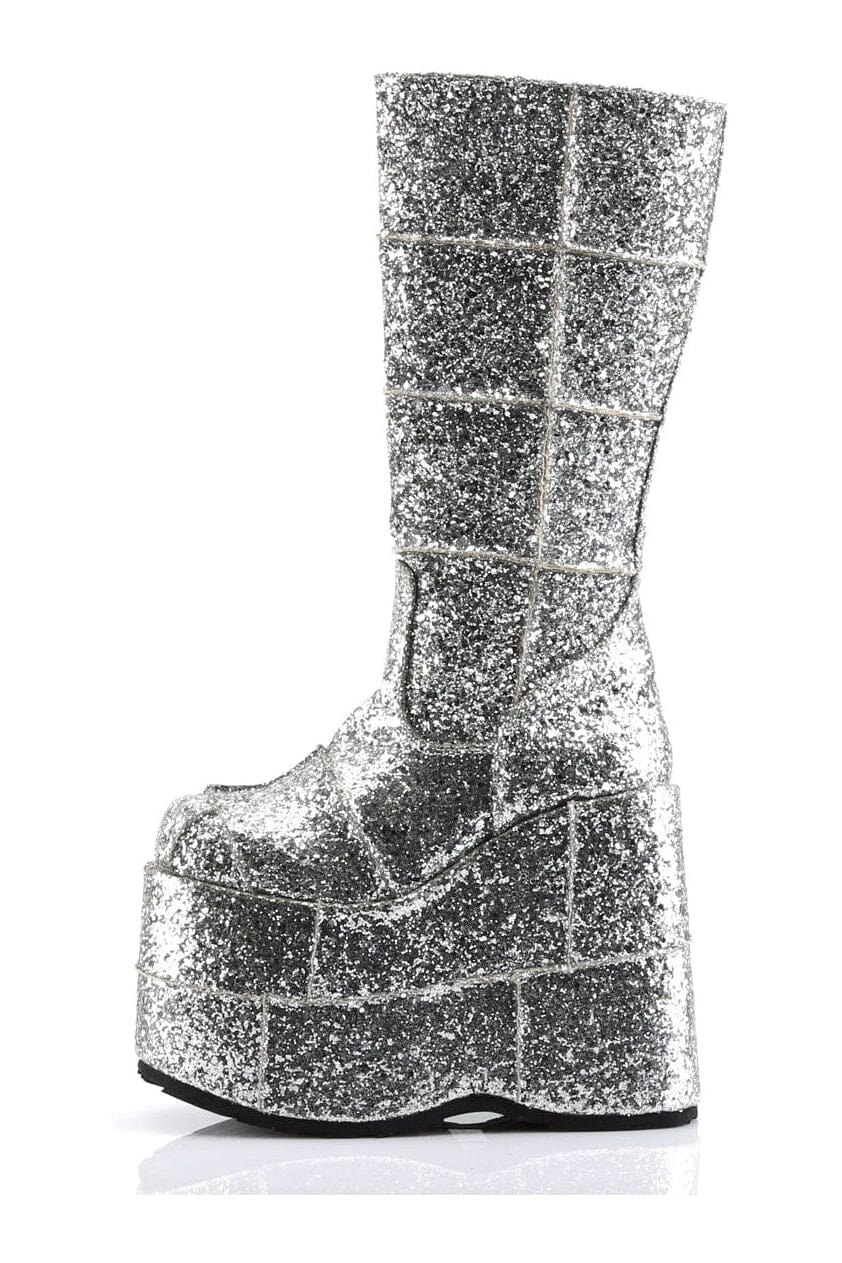 Demonia STACK-301G Silver Glitter Knee Boot in Silver Glitter