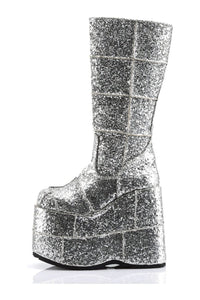 Demonia STACK-301G Silver Glitter Knee Boot in Silver Glitter
