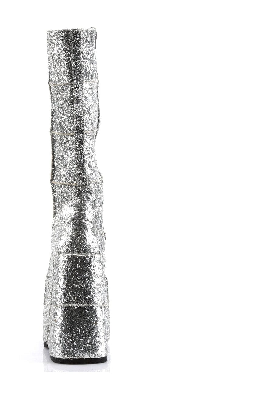 Demonia STACK-301G Silver Glitter Knee Boot in Silver Glitter