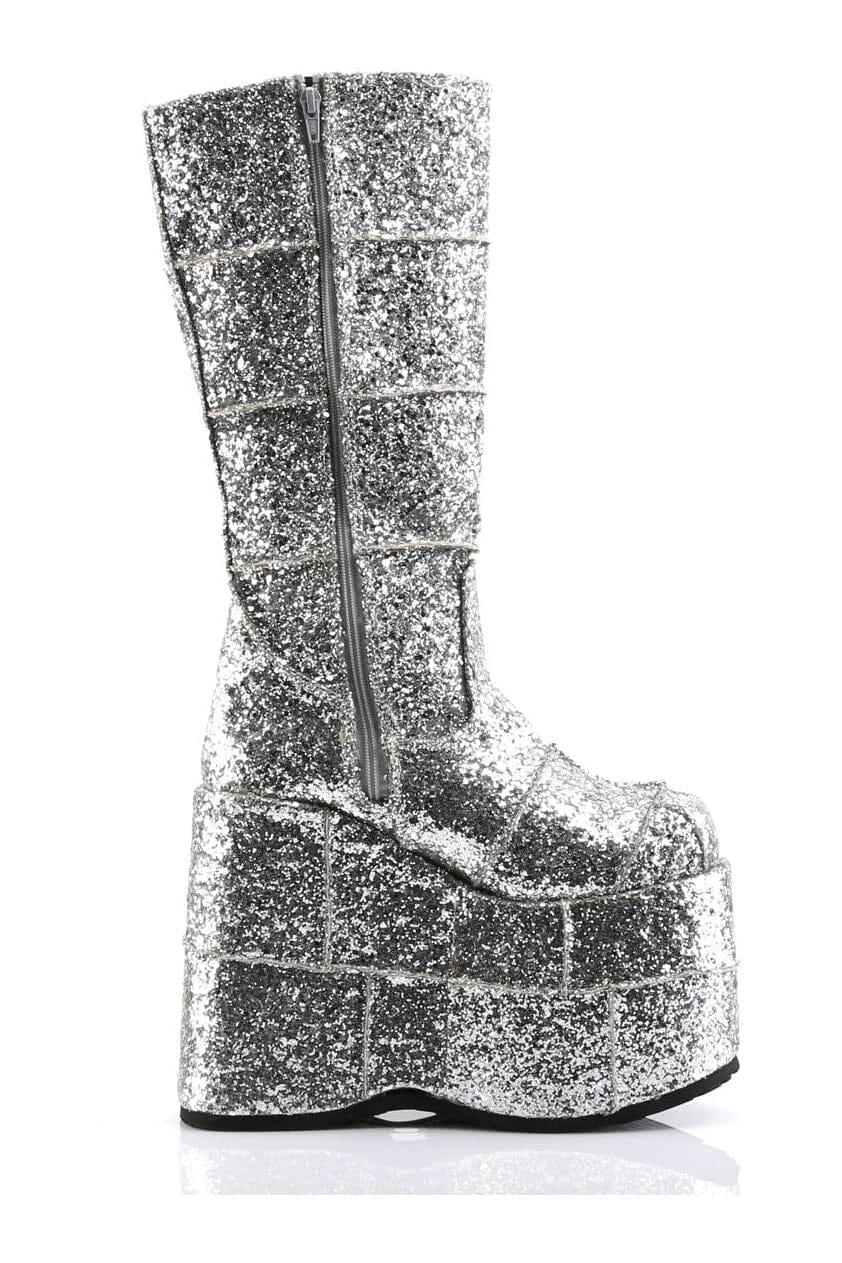 Demonia STACK-301G Silver Glitter Knee Boot in Silver Glitter