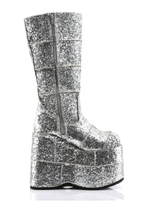 Demonia STACK-301G Silver Glitter Knee Boot in Silver Glitter