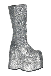 Demonia STACK-301G Silver Glitter Knee Boot in Silver Glitter from SexyShoes.com