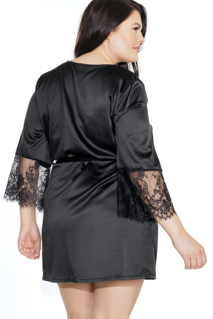 Satin Robe With Eyelash Lace Sleeves | Plus Size-Gowns + Robes-Coquette-Black-Q-SEXYSHOES.COM