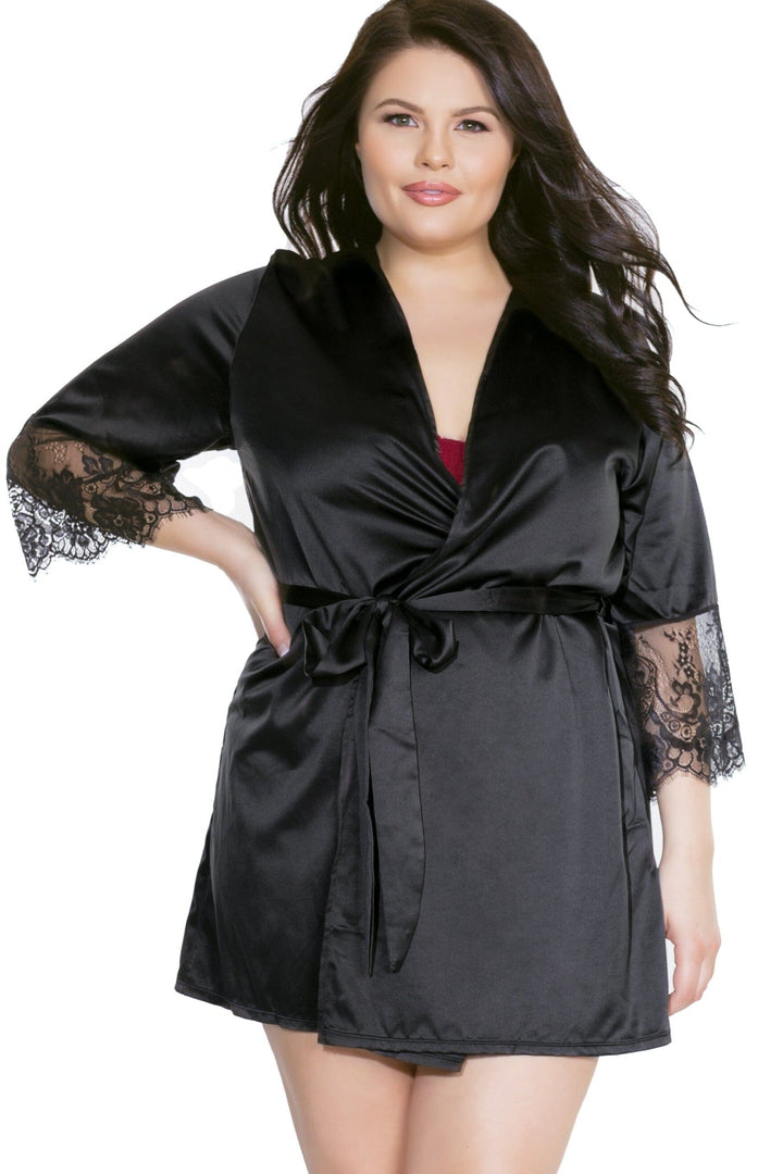 Satin Robe With Eyelash Lace Sleeves | Plus Size-Gowns + Robes-Coquette-Black-Q-SEXYSHOES.COM