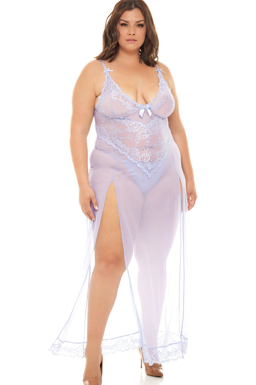 Soft Cup Gown With Lace Detail + G-String-Babydolls-Oh La La Cheri-Blue-2XL-SEXYSHOES.COM
