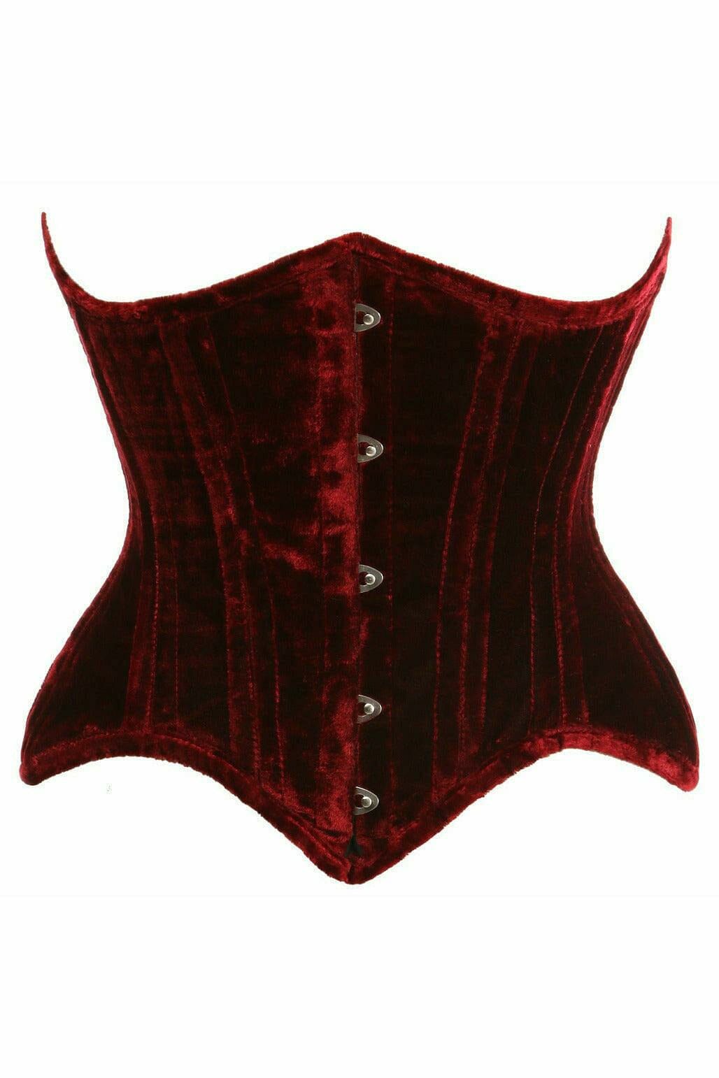 Top Drawer Dark Red Crushed Velvet Double Steel Boned Curvy Cut Waist Cincher Corset-Waist Cinchers-Daisy Corsets-Red-S-SEXYSHOES.COM