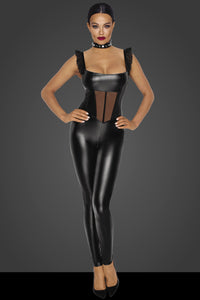 Noir Handmade Tulle Panel Powerwetlook Overalls in Black Wetlook