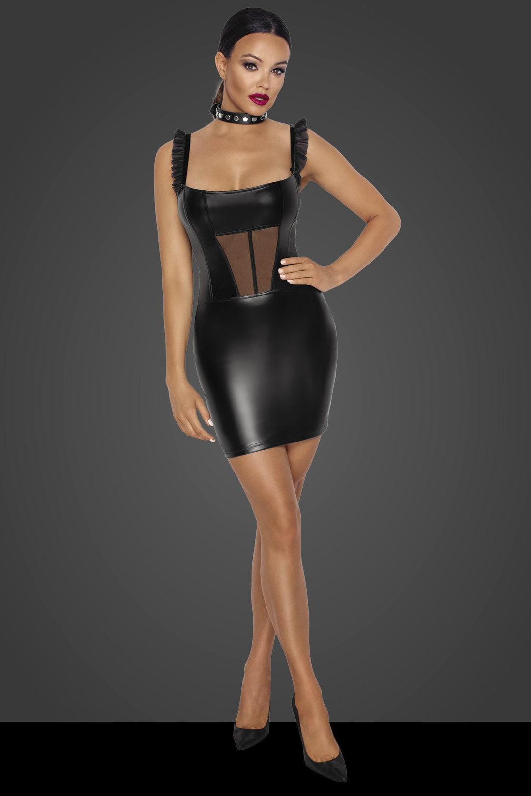 Tulle Panel Powerwetlook Short Dress-Fetish Dresses-Noir Handmade-SEXYSHOES.COM