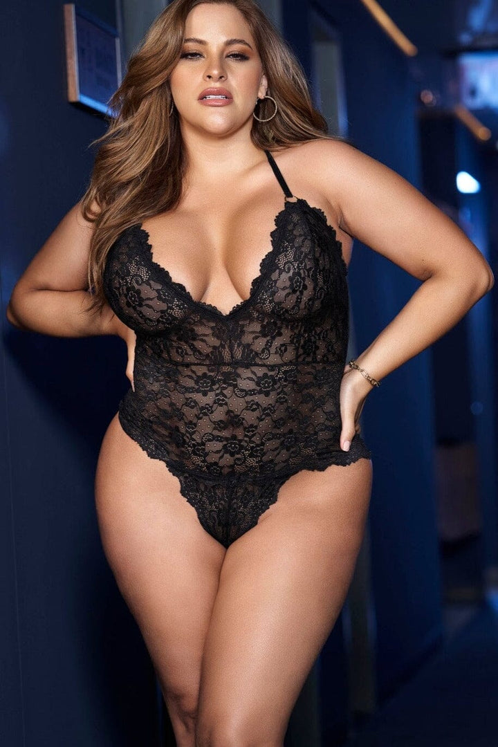 Mapale V Neck Floral Lace Bodysuit in Black  from SexyShoes.com