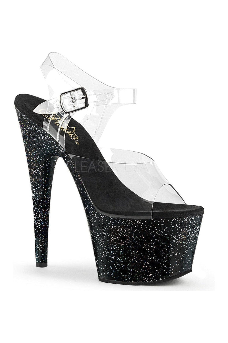 Pleaser ADORE-708MG Platform Sandal in Black Vinyl from SexyShoes.com