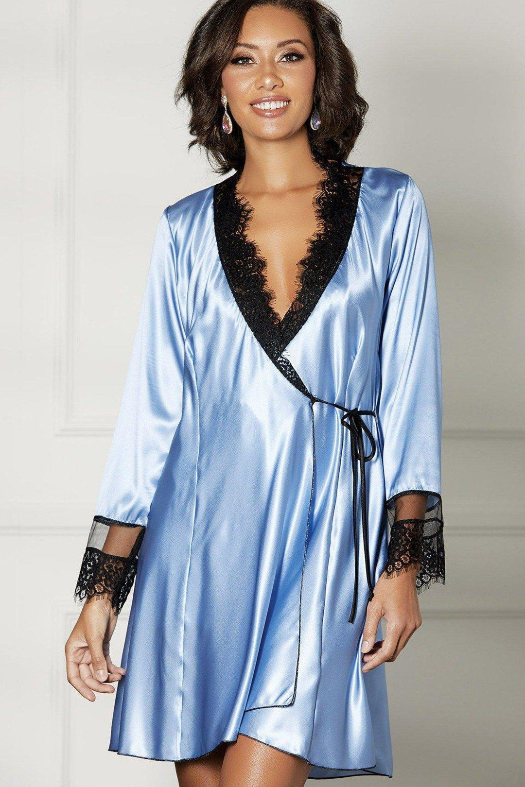 Shirley of Hollywood Charmeuse And Eyelash Lace Robe in Blue  from SexyShoes.com