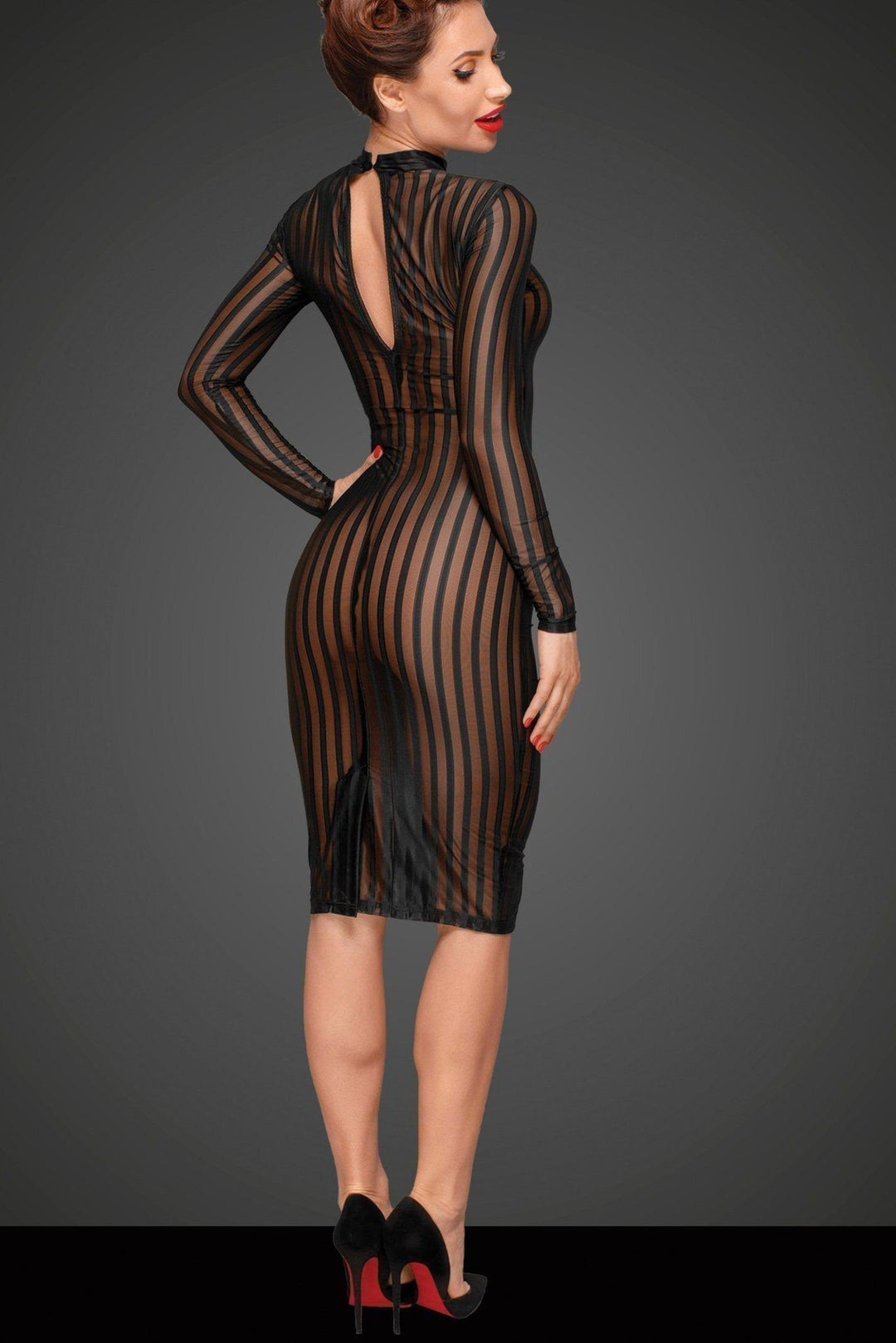 Noir Handmade Classic Dress Made Of Elastic Tulle in Black Faux Leather