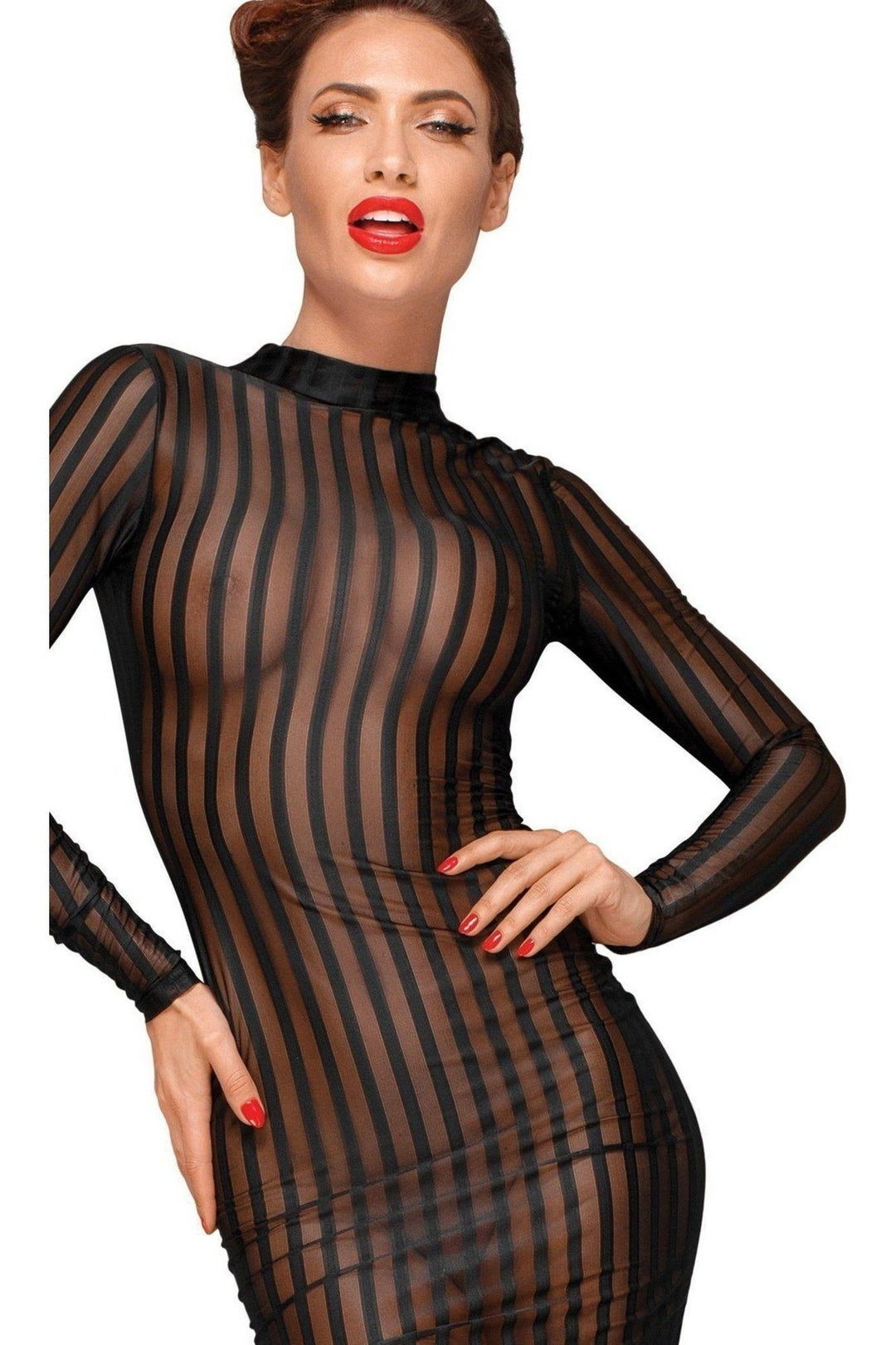 Noir Handmade Classic Dress Made Of Elastic Tulle in Black Faux Leather