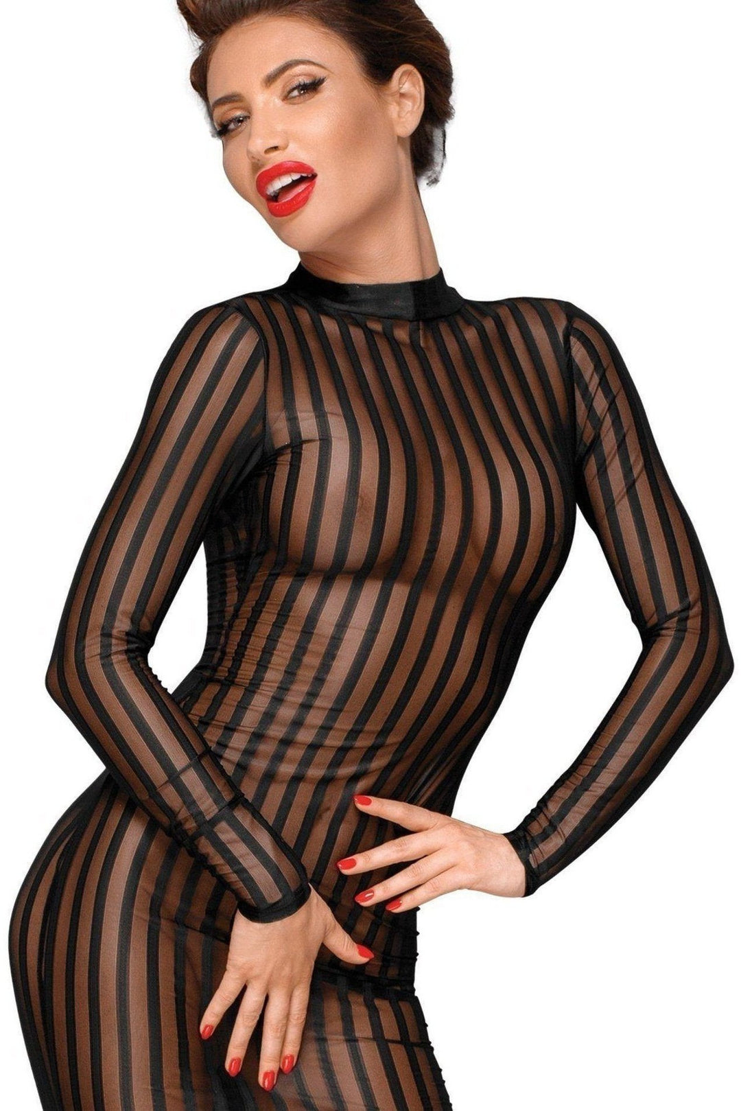 Noir Handmade Classic Dress Made Of Elastic Tulle in Black Faux Leather