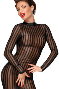 Noir Handmade Classic Dress Made Of Elastic Tulle in Black Faux Leather