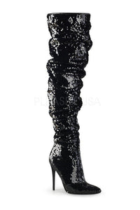 Pleaser COURTLY-3011 Thigh Boot in Black Sequins from SexyShoes.com