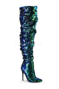 Pleaser COURTLY-3011 Thigh Boot in Green Sequins from SexyShoes.com